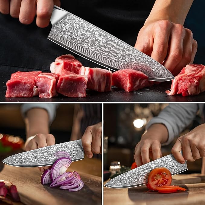 KEENZO Damascus Chef Knife 8 inch, Professional Kitchen Knives,Sharp Japanese Chef's Knife, Hand Forged 67-Layer Damascus Steel Cooking Knife, Ergonomic Abalone Shell handle with Gift Box