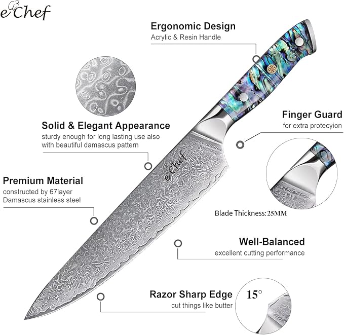 8-Inch Damascus Chef Knife, VG10 Steel Core Sharp Kitchen Knife, 67-Layer Damascus Material, Deep Sea Abalone Shell Handle, Kitchen Must-Have, Gift Box(8-inch chef's knife)