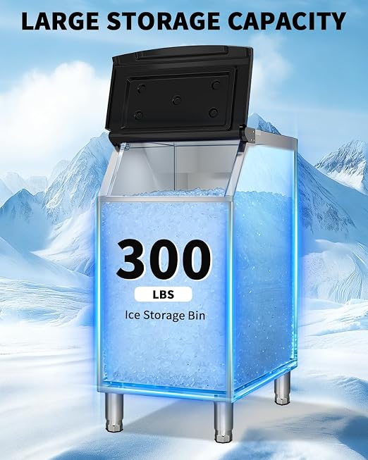 Commercial Ice Maker Storage Bin, 300lbs Capacity Ice-Bin, Stainless Steel Commercial Ice Storage Bin Filled with Foam Layer, Keep Frozen Over 12 Hours Suitable for Beverage Shops and Restaurant Hotel