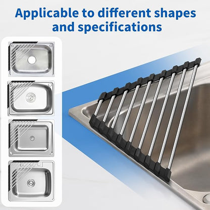Triangle Dish Drying Rack for Sink Corner, 18/8 Stainless Steel with Thickened Silicone Edge, Roll-Up Space Saving Sink Caddy, Non-Slip Sponge Holder & Drainer Mat for Kitchen Counter