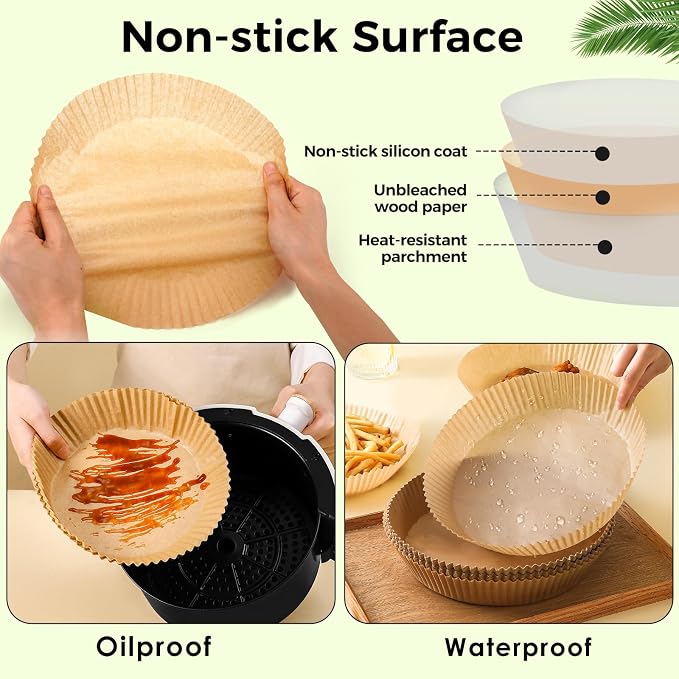 Ctizne Disposable Air Fryer Liners, 200PCS 6.5In Round Parchment Paper Liner for Baking Roasting, Non Stick Oilproof Microwave Oven Air Fryer Accessories