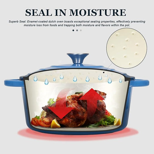Overmont Enameled Cast Iron Dutch Oven - 4.5QT Pot with Lid Cookbook & Cotton Potholders - Heavy-Duty Cookware for Braising, Stews, Roasting, Sourdough Baking blue