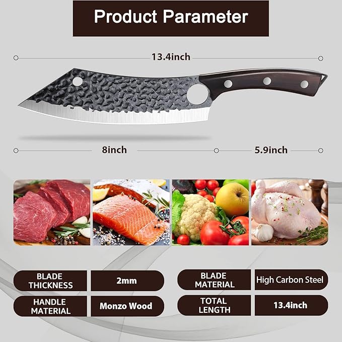 Purple Dragon Kitchen Knife 8 Inch Ultra Sharp Japanese Butcher Knife for Meat Cleaver Vegetable Cutting with Finger Hole Hand Forged High Carbon Steel Chef Knives Christmas Gift for Men and Women