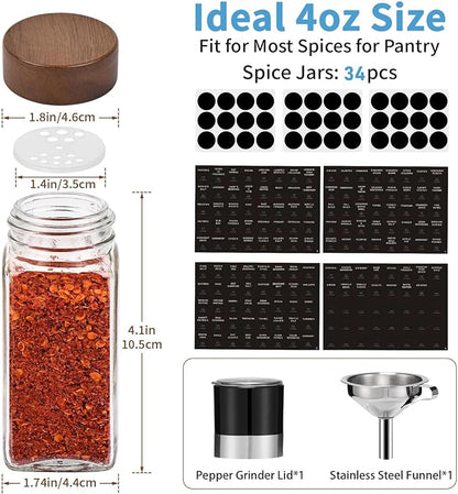 Yangbaga Glass Spice Containers for Kitchen: 34p 4oz Durable Glass Dishwasher Safe Jars for Cooking Enthusiasts- Airtight Acacia lid 500X Open-Close no Loose - Gift/Daily Use for Housewives