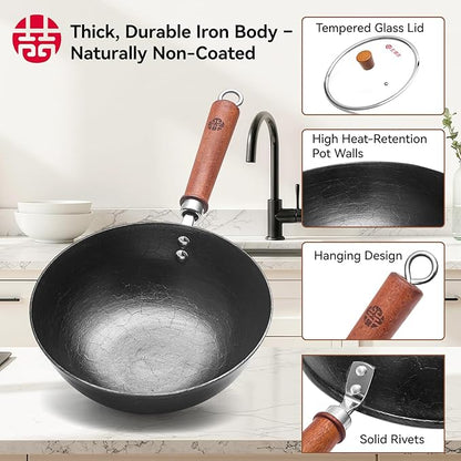 WANGYUANJI 9.5 Inch Small Cast Iron Wok with Lid - Handcrafted Tortoise Shell Texture Uncoated Stir Fry Pan, Flat Bottom Wok for Electric, Induction & Gas Stoves, 2.5 Quart (Requires Seasoning)