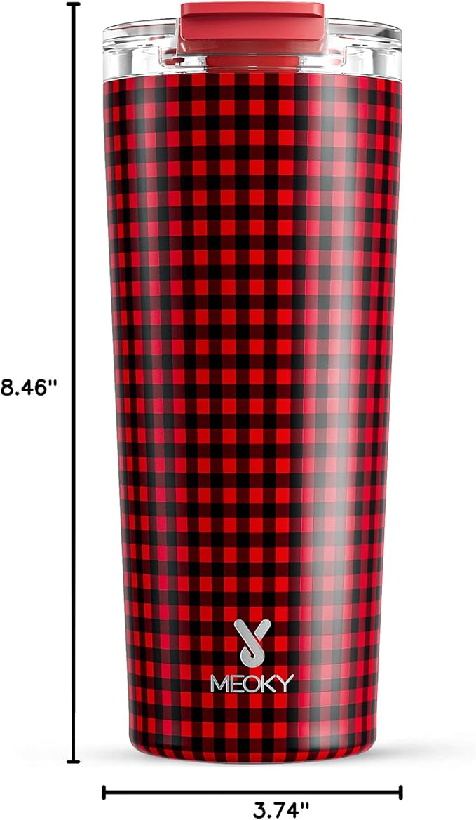 Meoky 24 oz Travel Coffee Mug with Leak-proof Lid, Stainless Steel Insulated Coffee Tumbler, Keeps Hot for 8 Hours or Cold for 24 Hours, Fits in Car Cup Holder (Crimson Plaid)