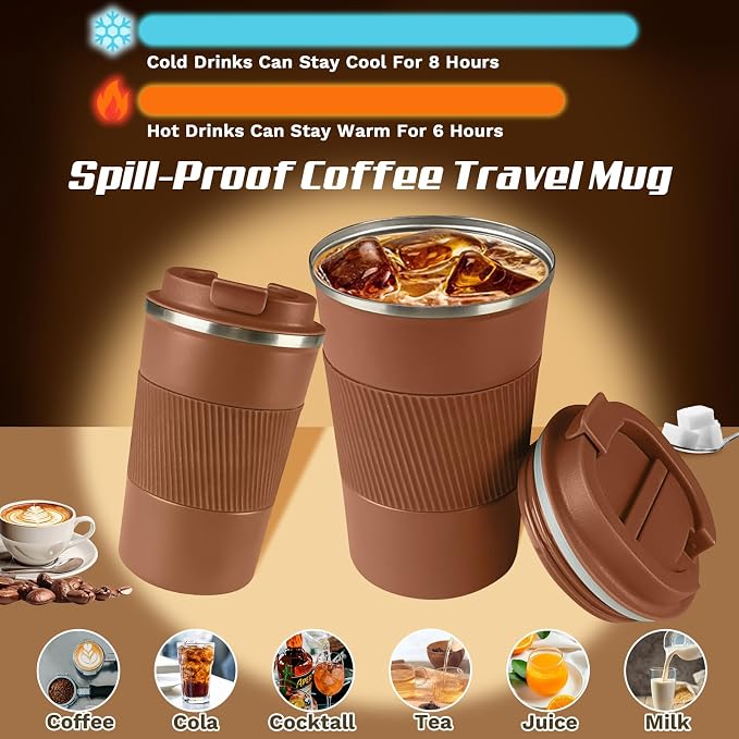 SPLMIFA Vacuum-Insulated Stainless Steel Travel Coffee Mug, Leak-Proof Reusable Coffee Cup with Lid -Keep Hot & Cold Drinks for Hours, Durable Insulated Tumbler for Men & Women(3rd-Light Coffee, 17OZ)