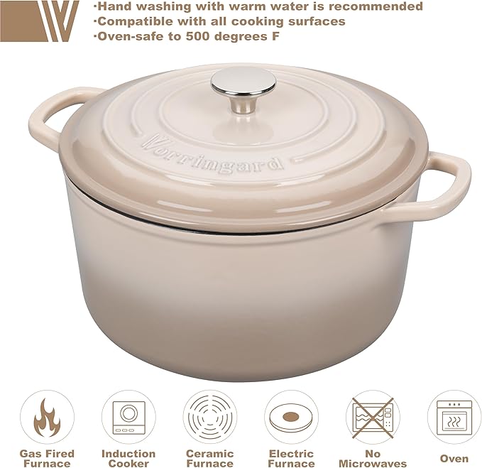 VORRINGARD Enameled Cast Iron Dutch Oven Pot with Lid, for Sourdough Bread Baking, Round Dutch Ovens, 6 Quart, Latte