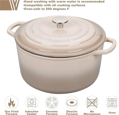 VORRINGARD Enameled Cast Iron Dutch Oven Pot with Lid, for Sourdough Bread Baking, Round Dutch Ovens, 6 Quart, Latte
