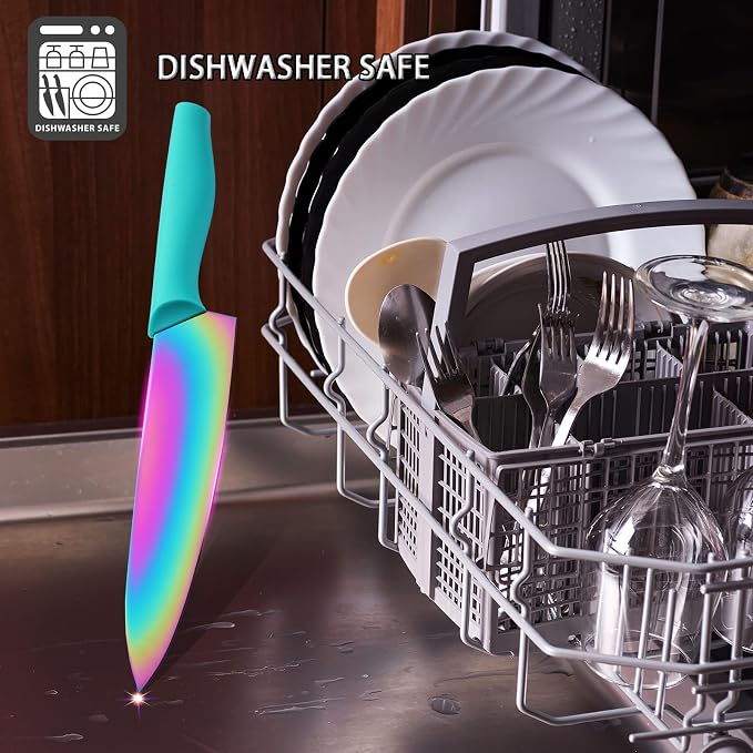 Knife Set with Spoons, KYA37B Knife Sets with Blade Guards and Measuring Spoons, Marco Almond® Rainbow Color 17-Piece Stainless Steel Kitchen Knives Set with Covers