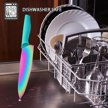 Knife Set with Spoons, KYA37B Knife Sets with Blade Guards and Measuring Spoons, Marco Almond® Rainbow Color 17-Piece Stainless Steel Kitchen Knives Set with Covers