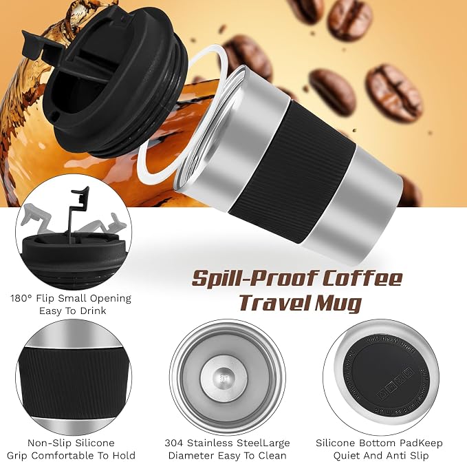 SPLMIFA Vacuum-Insulated Stainless Steel Travel Coffee Mug, Leak-Proof Reusable Coffee Cup with Lid-Keep Hot & Cold Drinks for Hours, Durable Insulated Tumbler for Men & Women(3rd-Silver black, 12OZ)