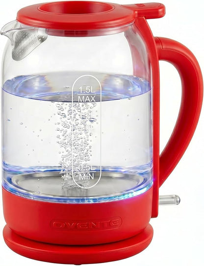 OVENTE Electric Kettle with 1.5L Borosilicate Glass, 1500W Fast Boiling Water Heater for Coffee or Tea, Easy to Fill Lid, Auto Shut-Off, Boil-Dry Protection & Stainless Steel Filter, Red KG516R