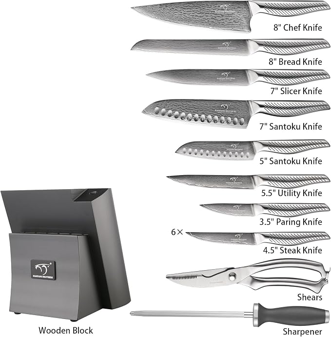 NANFANG BROTHERS® 16 Pieces Damascus Kitchen Knife Set, High Carbon Damascus Steel Chef Knife Set, Stainless Steel Ergonomic Handle for Chef, with Built-in Sharpening Rod