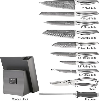 NANFANG BROTHERS® 16 Pieces Damascus Kitchen Knife Set, High Carbon Damascus Steel Chef Knife Set, Stainless Steel Ergonomic Handle for Chef, with Built-in Sharpening Rod