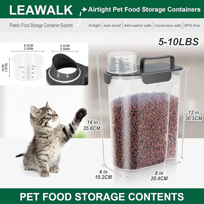 LEAWALK 5Lbs Airtight Cat Dog Food Storage Container with Upgraded Large Nozzle BPA-Free, Pet Food Storage Containers for Rice, Grain, Pet Food, Flour, Dog Treat Storage (Black×2, 5L-2pack)