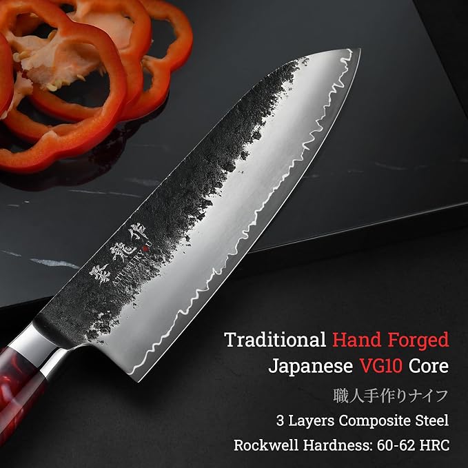 Japanese Chef Knife, 7 Inch Hand Forged Santoku Knife with VG10 Steel, Chefs Knives for Professional & Home Kitchen, Sharp Kitchen Knives with Red Ergonomic Handle, Cooking Gifts for Men and Women