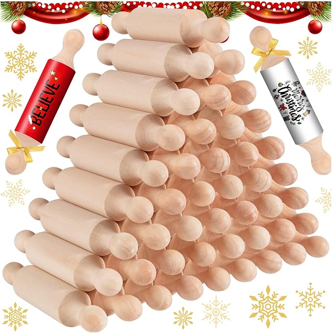 45Pcs Wooden Mini Rolling Pin Long Kitchen Baking Small Dough Rolling Pin for Children Fondant Pastry Pizza Crafting and Imaginative Play for Halloween and Christmas
