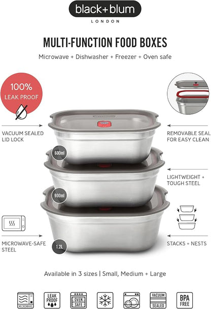 BLACK + BLUM Lunch Bowl Mixed Set - Reusable Meal Prep Containers for Picnic & Camping - Microwavable Stainless Steel Lunch Dinner Food Storage Box - Leak Proof Lid - Dishwasher Oven Safe - 20/30/40oz
