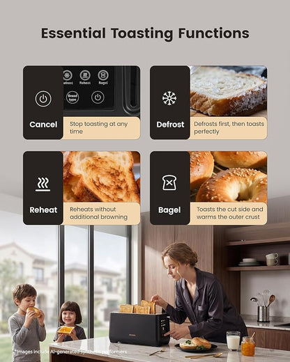 4 Slice Toaster, Long Slot Touch Screen Retro Toaster with Digital Countdown, Extra-Wide Slots for Bagels & Artisan Bread, 6 Browning Levels, 5 Bread Modes, Defrost Reheat Cancel, Stainless Steel