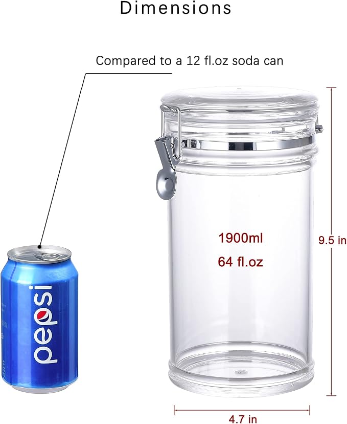64 oz Reinforced Large Acrylic Canister with Locking Clamp, Airtight Flip Jar | Food Storage Container for Flour, Sugar, Coffee, Candy, Cookie etc