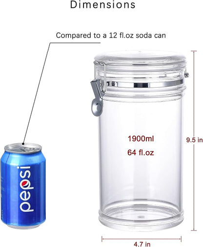 64 oz Reinforced Large Acrylic Canister with Locking Clamp, Airtight Flip Jar | Food Storage Container for Flour, Sugar, Coffee, Candy, Cookie etc