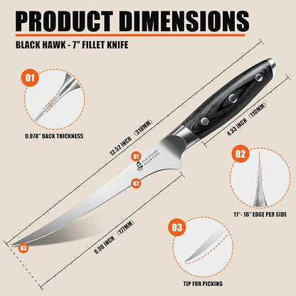 TUO Fillet Knife, 7 Inch Professional Fish Boning Knife for Trimming Meat & Poultry, Flexible Blade, High Carbon German Steel, Full Tang Handle - Black Hawk Series
