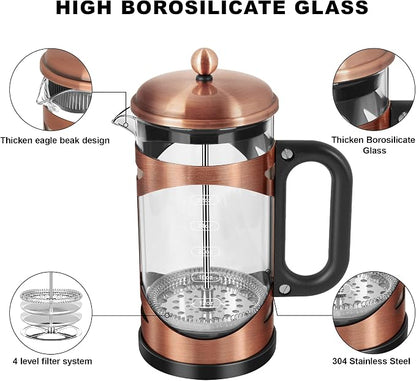 YMMIND 34 Ounce French Press Coffee Maker Copper Stainless Steel Coffee Press, with 4-Level Filter System, Heat Resistant Thickness Borosilicate Glass, BPA-Free Brewed Coffee Pot for Camping Gifts