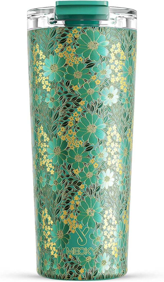 Meoky 24 oz Travel Coffee Mug with Leak-proof Lid, Stainless Steel Insulated Coffee Tumbler, Keeps Hot for 8 Hours or Cold for 24 Hours, Fits in Car Cup Holder (Emerald Bloom)