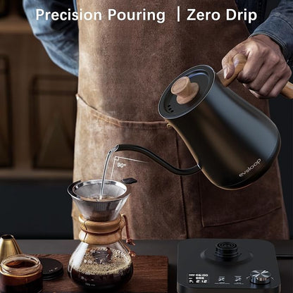Gooseneck Electric Kettle, Electric tea Kettles, ±1℉ Temperature Control for Pour-Over Coffee & Tea Brewing, Stainless Steel Inner, Quick Heating, Boil Hot Water, 1200W/0.8L (Black Wooden)
