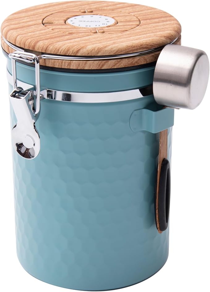 Airtight Coffee Canister, 1800ml Stainless Steel Storage Container with Date Tracker, Breather Valve, and Measuring Scoop, Blue (Blue)