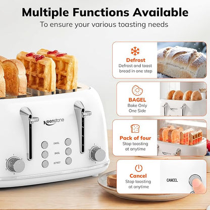 Keenstone Toaster 4 Slice, Retro Stainless Steel Wide Slot Toaster with Dual Independent Controls, 6 Browning Levels, Bagel, Defrost, Reheat & Cancel, Removable Crumb Tray, White