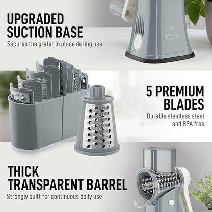 Zulay Kitchen Rotary Cheese Grater 5 Blade Cheese Shredder - Manual Hand Crank Cheese Grater With Reinforced Suction & 5 Interchangeable Drums - Easy to Use, Vegetable Chopper Round Mandoline Slicer