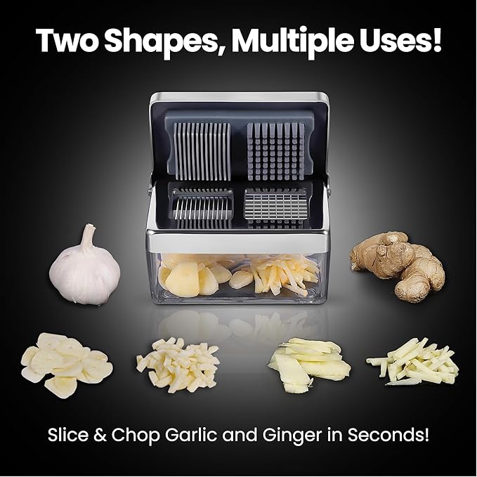 Garlic Chopper, 2-in-1 Slice + Dice, Garlic Press Stainless Steel, Fridge Friendly, Ginger Dicer Air Tight Container, Dishwasher Safe Mini Chopper, Premium Mincer with 5-Year warranty
