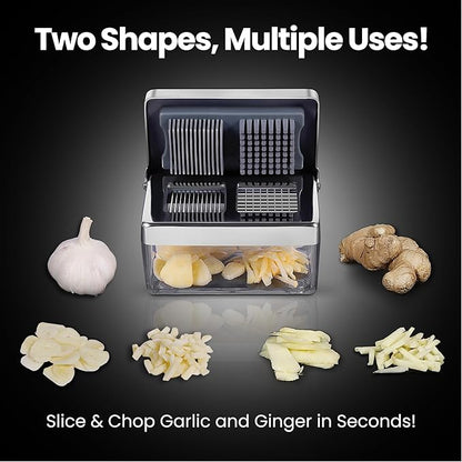 Garlic Chopper, 2-in-1 Slice + Dice, Garlic Press Stainless Steel, Fridge Friendly, Ginger Dicer Air Tight Container, Dishwasher Safe Mini Chopper, Premium Mincer with 5-Year warranty