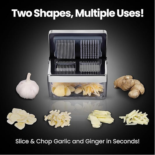 Garlic Chopper, 2-in-1 Slice + Dice, Garlic Press Stainless Steel, Fridge Friendly, Ginger Dicer Air Tight Container, Dishwasher Safe Mini Chopper, Premium Mincer with 5-Year warranty