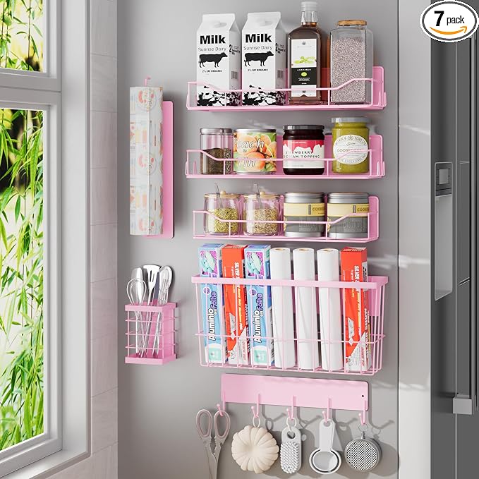 Magnetic Spice Rack for Refrigerator, 7 Pack Magnetic Fridge Shelf for Kitchen Organization Storage, Moveable Spice Organizer W/Paper Towel Holder, Utensil Caddy, Cutting Board Rack (Pink)