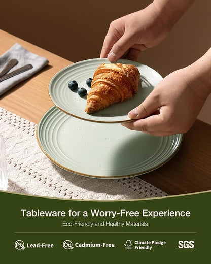 Famiware Jupiter 12-Piece Stoneware Dinnerware Set, Handcrafted Plates and Bowls with Speckles & Embossed Swirls, Chip/Scratch Resistant, Microwave/Dishwasher Safe, Modern Dishes, Service for 4, Green
