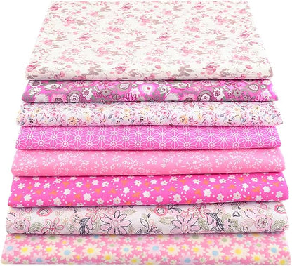 100% Cotton Fabric for Sewing Bundle: 8 Pre-Cut Floral Squares (20"x20"), Breathable, DIY Patchwork Quilting Fabric in Pink