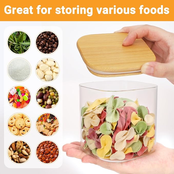 Glass Jar with Lid, 4 Pack 24 Fl.oz Square Glass Containers with Bamboo Lids, Food Jars Pantry Storage Canister for Sugar, Coffee Bean, Tea, Snacks, Cookie - Included Labels, Marker and Spoon