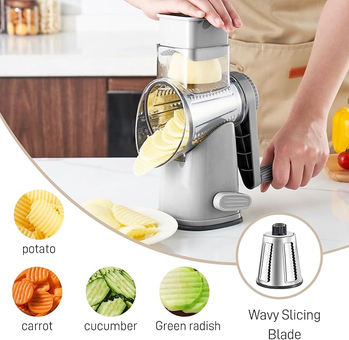 Weltonhm Rotary Cheese Graters with 4 Blades, Large Hand Crank Cheese Grater with Waffle Slicer, Grey Cheese Shredder with Suction Base, Easier for Shredding & Grating (Grey, 4 Graters)