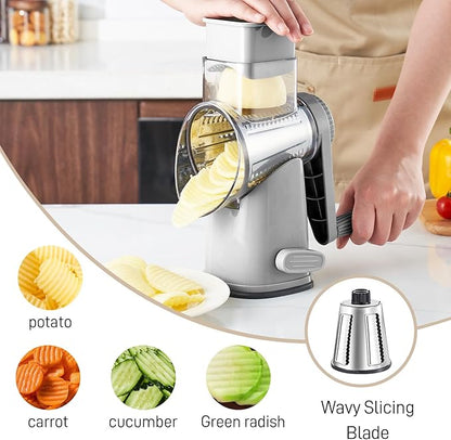 Weltonhm Rotary Cheese Graters with 4 Blades, Large Hand Crank Cheese Grater with Waffle Slicer, Grey Cheese Shredder with Suction Base, Easier for Shredding & Grating (Grey, 4 Graters)