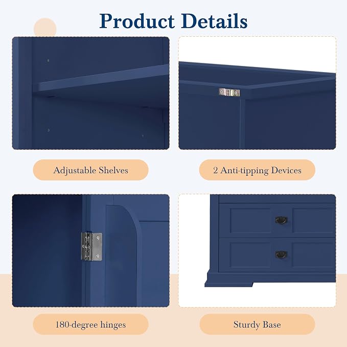 VilroCaz 78'' Tall Freestanding Kitchen Pantry with Hutch, Wooden Large Kitchen Storage Cabinet Cupboard with Drawers, Door Shelf and Adjustable Shelves for Dining Room Entryway (Blue-11.10)