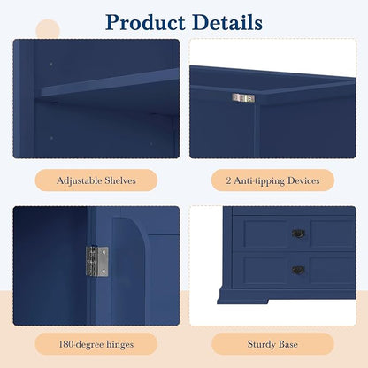 VilroCaz 78'' Tall Freestanding Kitchen Pantry with Hutch, Wooden Large Kitchen Storage Cabinet Cupboard with Drawers, Door Shelf and Adjustable Shelves for Dining Room Entryway (Blue-11.10)
