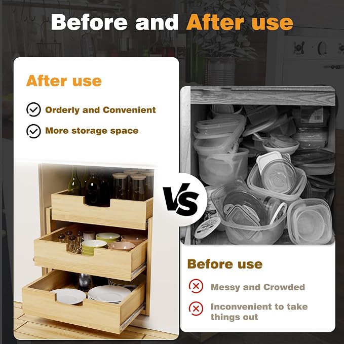 Pull Out Cabinet Organizer, 17''W×21''D Sliding Drawers for Cabinets, 3 Tier Soft Close Slide Out Wooden Pull out Drawers, Base Cabinet Organization for Kitchen, Pantry, Bathroom