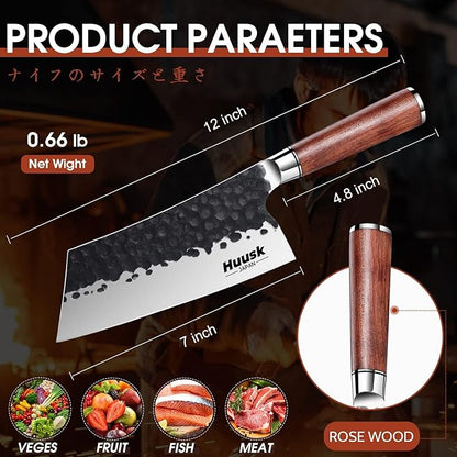 Huusk Cleaver Knife, 7" Japanese Professional Kitchen Knife, High Carbon Steel Sharp Chef Knives for Meat and Vegetable Chopping Knives with Ergonomic Rosewood Handle, Gift Idea for Men and Women