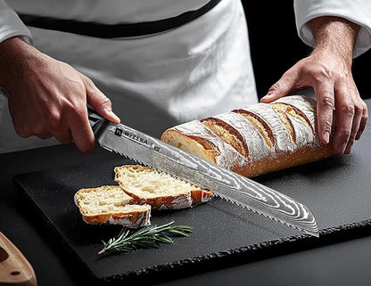 WIZEKA 10 inch Damascus Serrated Bread Knife for Homemade Bread: Razor Sharp VG10 Damascus Steel Multifunction Serrated Knife for Slicing Homemade Bread, Bagels, Cake