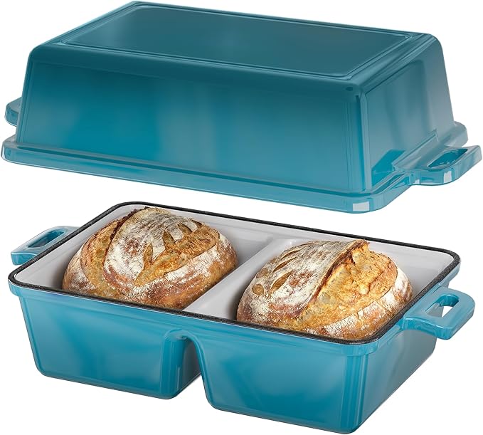 Double Dutch Oven for Sourdough Bread Baking,Enameled Cast Iron Dutch Oven with Lid,Double-Chamber Square Mini Sourdough Loaf Pan for Homemade Bread,Light Blue(Patent Has Been Applied for)