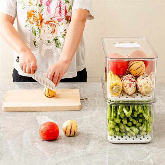 SANNO Produce Saver Refrigerator Organizer Bins with Lids And Removable Drain Tray Food Storage Container Fridge Stackable Freezer Bins For Kitchen Produce Fruit Vegetable (Set of 2)