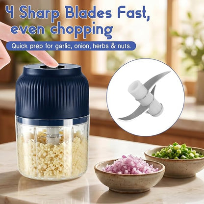 Electric Garlic Chopper, 2026 New Mini Food Processor & Food Chopper for Kitchen, Portable Cordless Garlic Mincer with 4 Stainless Steel Blades, Small Vegetable Chopper for Onion Salad (300ML Blue)